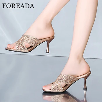

FOREADA Women Slippers Crystal High Heel Natural Genuine Leather Thin High Heel Sandals Cutouts Pointed Toe Slides Lady Footwear