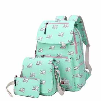 

2019 Canvas Cartoon Printed Backpack Large Capacity Waterproof Backpack set School Bag +shoulder bag +penbag 3pcs