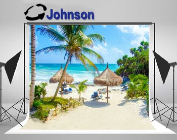 

Discount Tropical Seaside Beach Palm Tree Blue Sky Summer Holiday backdrop Computer print party backgrounds