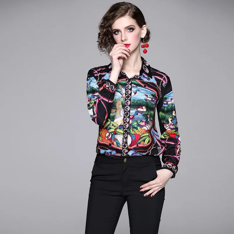 

2019 New Runway Elegant Women Blouses Tops Long Sleeve animal cartoon Printed Casual Office Shirts Vintage Femininos Camisa