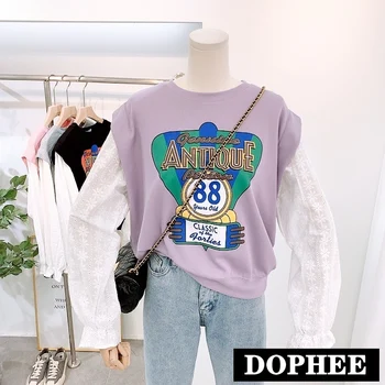 

Spring and Autumn New 2020 Korean Stitching Crocheted Lace Sleeve Loose Sweatshirt Pullovers Plus-sized Women Casual Hoodie Tops