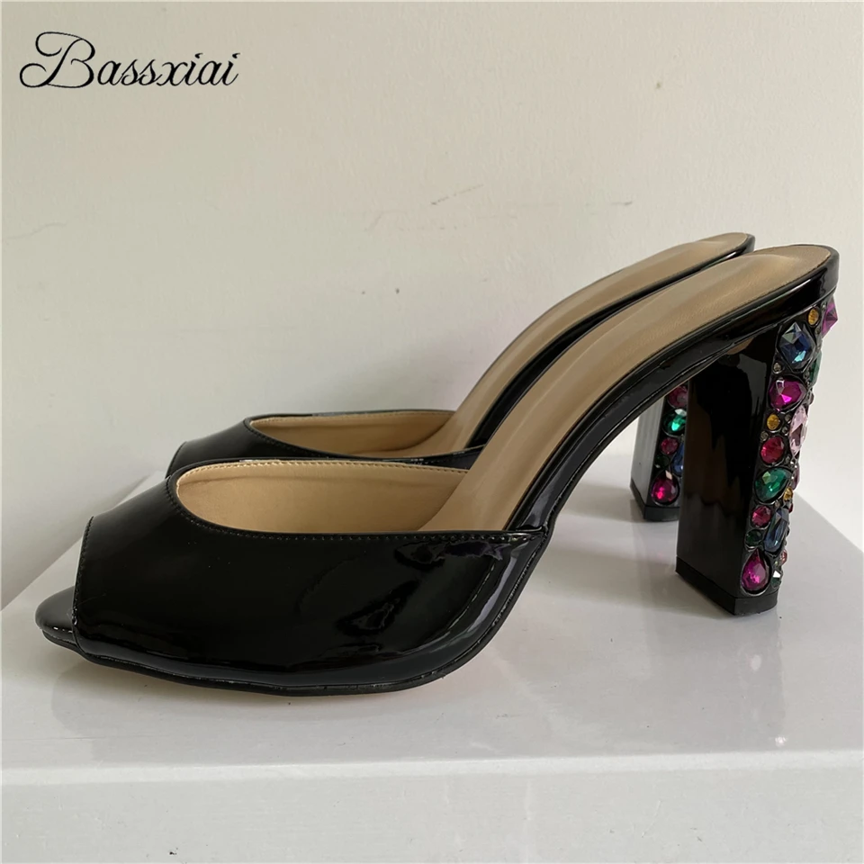 

Colorful Rhinestone High Heel Sandals Women Slingbacks Peep Toe Patent Leather Slip-on Summer Mules For Girls
