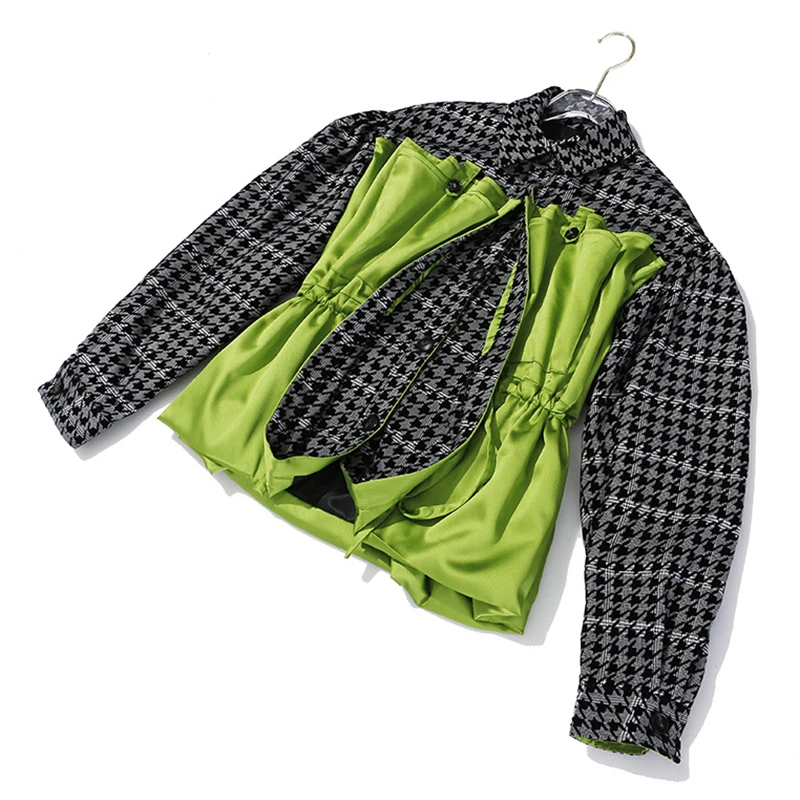 Новая мода осень зима лацканы однобортный длинный рукав Тяговая Веревка поддельные две части куртка Свободное пальто для женщин N747