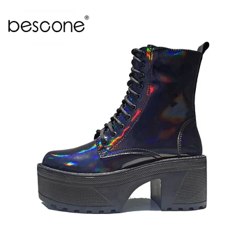 

Bescone Ankle Boots Woman Thick Bootom High Square Heel High Platform Lace Up Boots Ladies Round Toe Short Boots BO725