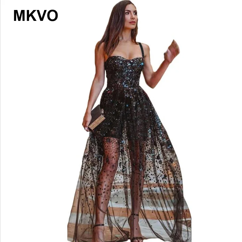 Preise Hohe taille mesh lange kleid farbe pailletten mode spaghetti gurt kleider urlaub partei schwarz rosa elegante maxi kleid vestidos