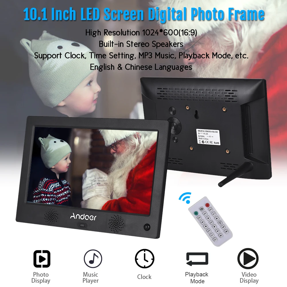 Andoer 10,1 дюймов цифровая фоторамка светодиодный экран цифровой фотоальбом Высокое разрешение 1024*600(16:9) часы HD видеоплеер