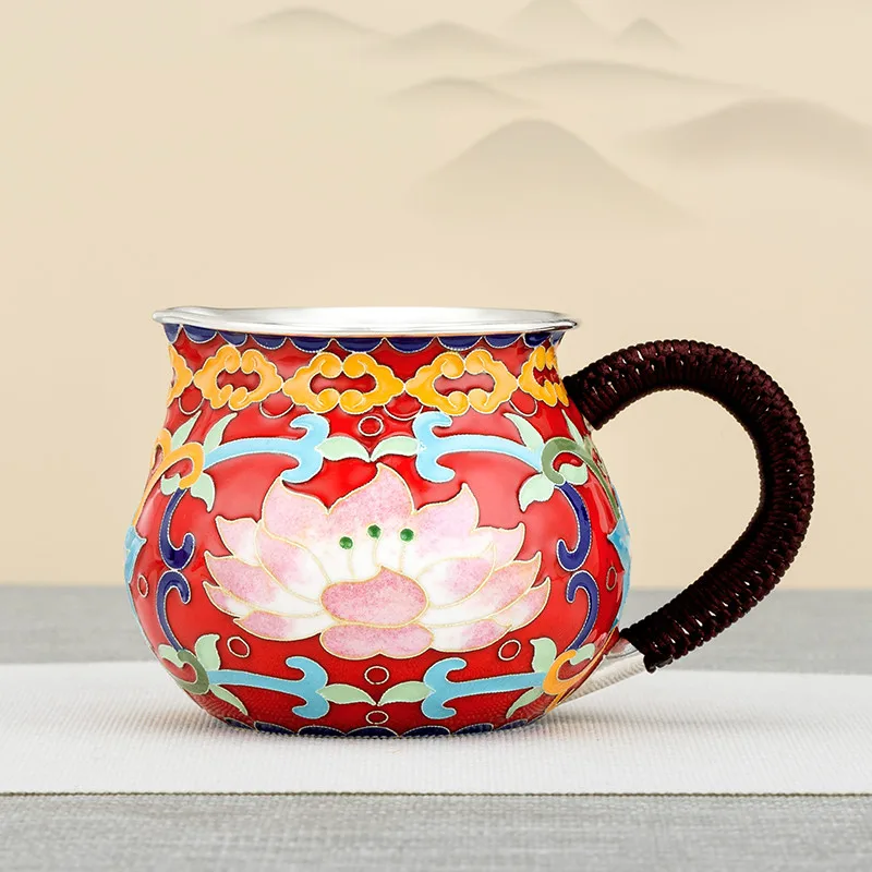 

Pure silver 999 fair cup handmade cloisonne lotus in old-fashioned retro household sterling silver tea set