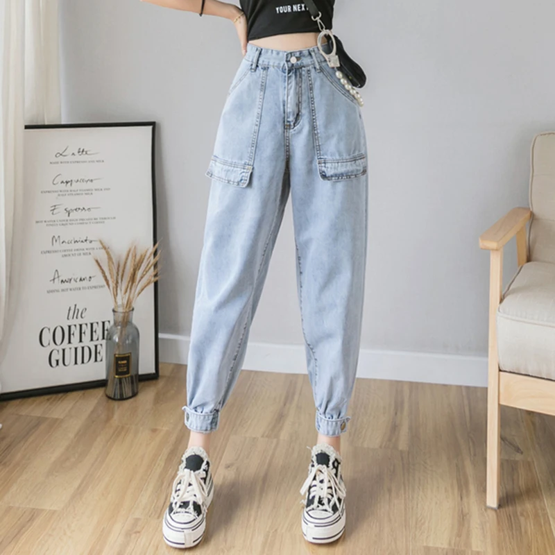 

2019 Autumn Loose Blue Jeans Woman Plus Size Stretch High Waist jeans Ladies women jeans Cargo pants jeans mujer