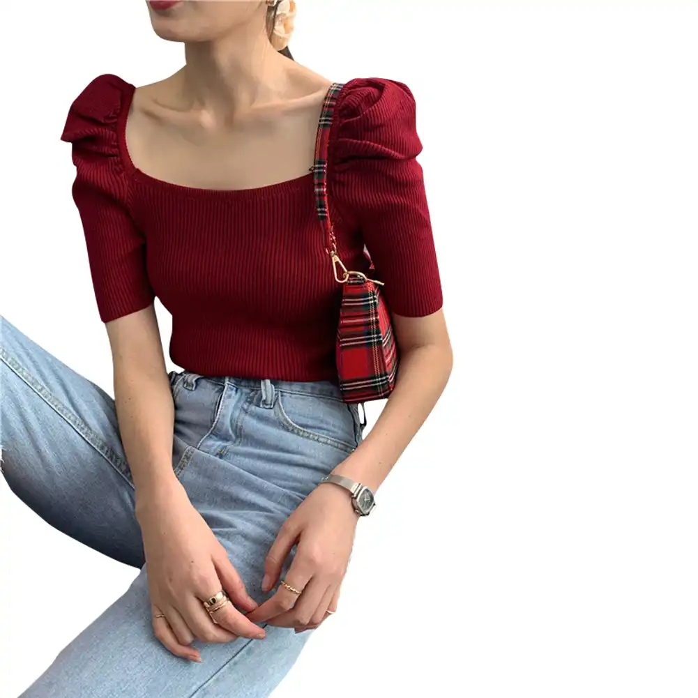 夏のヴィンテージ女性ニット半袖クロップトップ韓国ファッションレディース Tシャツ原宿気質スリムトップ Tシャツ Aliexpress