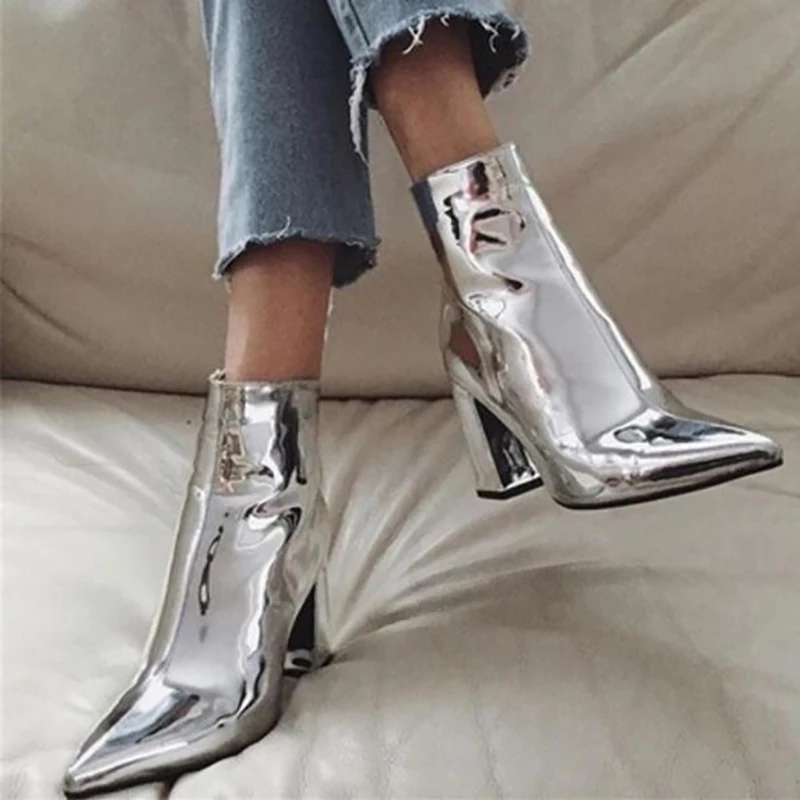

Zip Square Heels Autumn Boots Women New Arrival Sexy Patent Leather Shoese Pointed Toe Mid Calf Ladies Martini Boots
