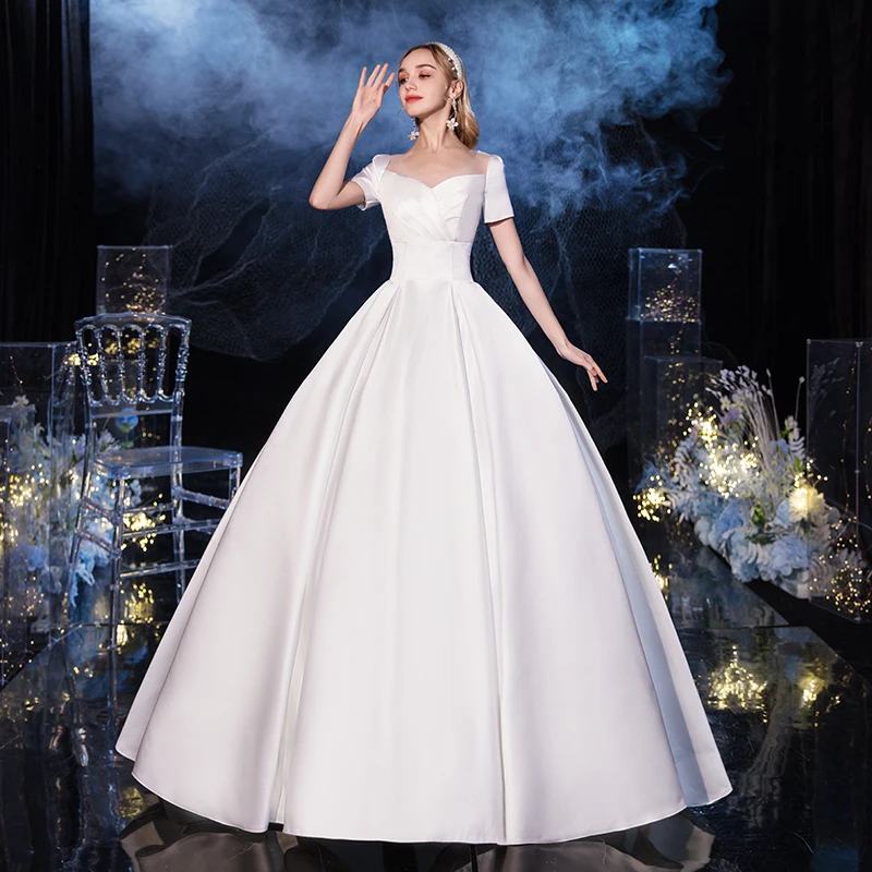Vestido De Noiva 2024 Short Sleeve Classic Satin Lace Up Wedding Ball Gown Luxury Wedding Dresses Robe De Mariee Customized 2