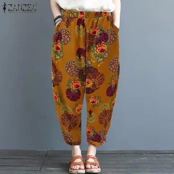 

ZANZEA Women Vintage Printed Long Pants Summer Trousers Elastic Waist Loose Pantalon Turnip 5XL Casual Cotton Linen Harem Pants