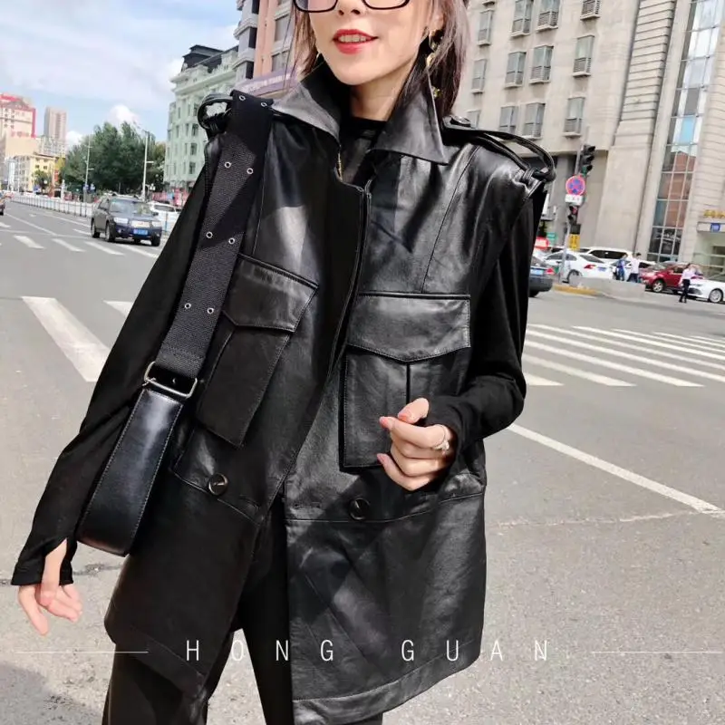 Black Жилет из натуральной кожи женская натуральная овчина Женская куртка без рукавов осень зима жилет Женский Плюс Размер - Цвет: Black
