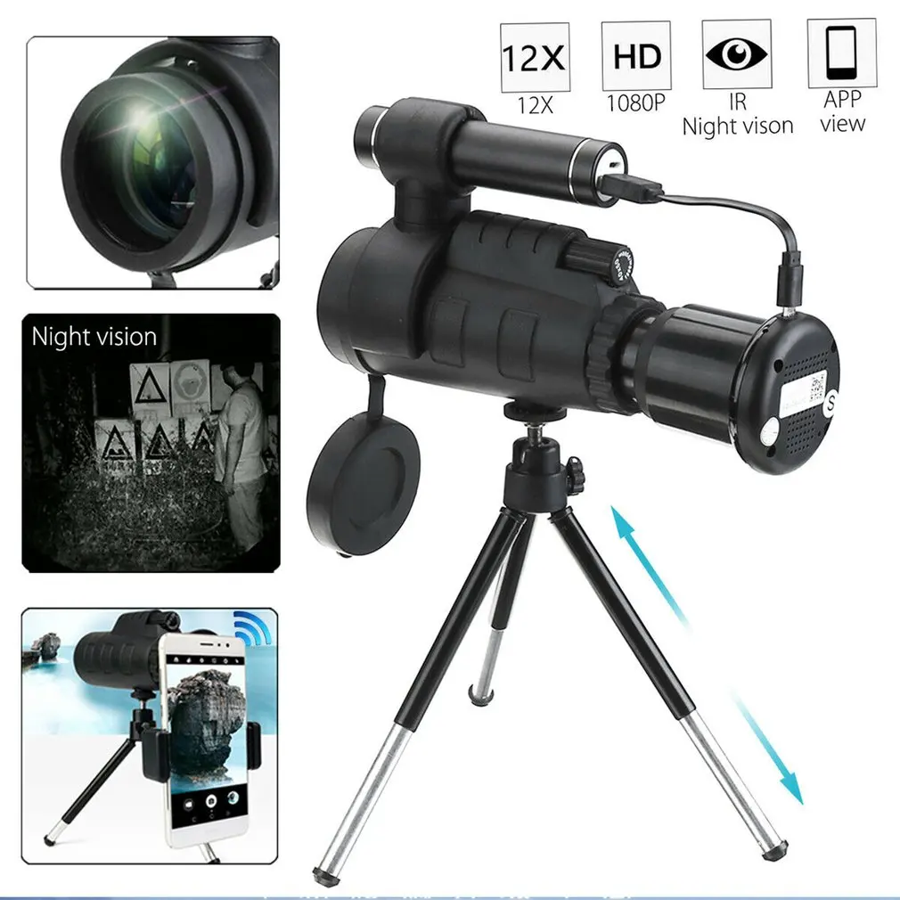 

Wifi 40X60 Infrared IR HD Monocular Night Vision Telescope Hunting Phone Lens + Tripod HD high power outdoor hunting Black
