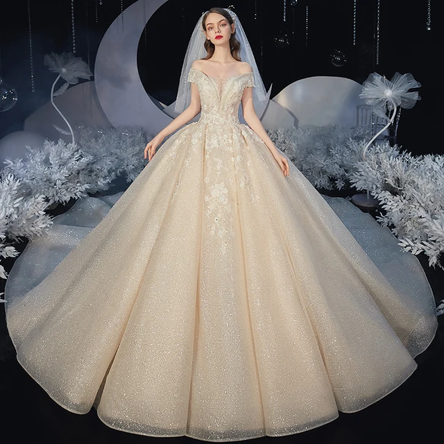 HLF07 Luxury Wedding Dress Lace Illusion Long Trai Off Shoulder Vestido De Noiva Bridal Gown платье свадебное короткое 6