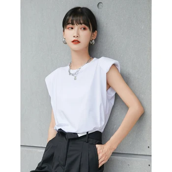 

Women 2020 Black White Korean Tops Elegant Sleeveless Loose T-shirt Women High Street Summer Tops Tee Shirt Female Cotton