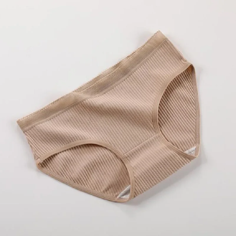 Skin Cotton Briefs Solid Color Underwear Seamless No Trace Women Panties Mid Rise Female Lingerie Striped Pattern Breathable Pants - Цвет: Skin