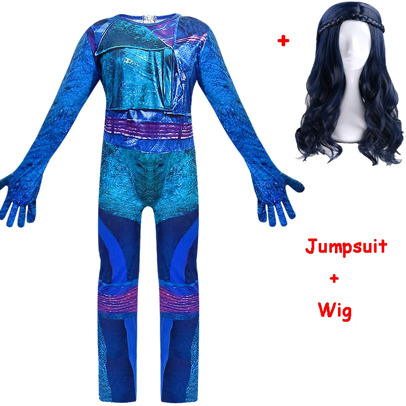 855 wig black Костюм на Хэллоуин для детей Evie Anilnc потомки 3 костюм для девочки для маскарада с париком+ перчатки Детский карнавальный праздничный комбинезон - Цвет: 855 wig black