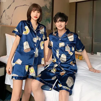 

New Casual Style Turn Down Collar Pajamas Set for Couple Homesuit Homeclothes Fashion Style short sleeved pyjamas Men and Women