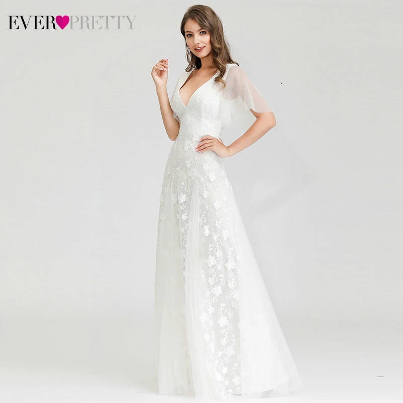 Белые кружевные свадебные платья Ever Pretty A-Line с v-образным вырезом и оборками, с рукавами, с цветочной аппликацией, свадебные платья для невесты, Vestido De Noiva