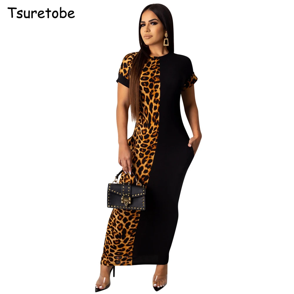 

Tsuretobe Autumn Fashion Leopard Printed Patchwork Maxi Dress Women Sexy Short Sleeve Party Dress O-Neck Vestidos Outfits Female