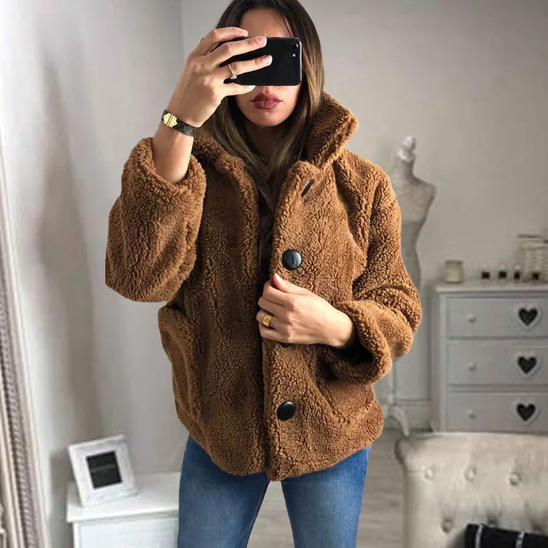 

Winter Faux Fur Turn Down Collar Women's Coats Pink Pocket Single Breasted Thicken Female Jacket 2019 Solid Warm Ladies Outwears