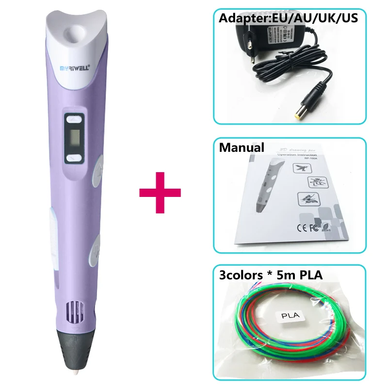 Myriwell 3d ручки, светодиодный дисплей, 1,75 мм pla abs 3 d ручка Смарт 3d печатная ручка подарок на день рождения ребенка 3d 3d-ручка 3d модель - Цвет: Purple pen