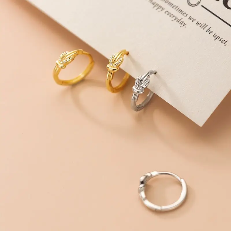 

Real 925 Sterling Silver Knot Pattern Small Hoop Earrings Simple Zircon Huggie Hoops Fine Jewelry for Women Girls