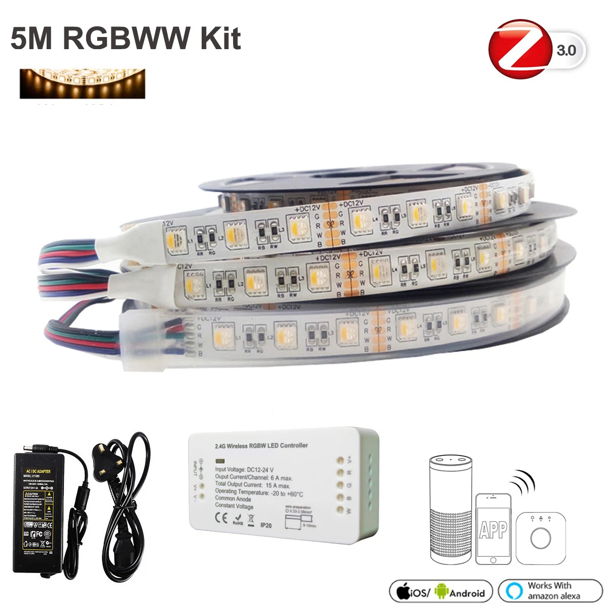 ZigBee ZLL RGBW контроллер+ 5 м/10 м 12 В/24 В RGBW RGBWW 4в1 5050 60 светодиодный s светодиодный блок питания совместимый с Alexa Echo - Испускаемый цвет: 5M RGBWW Kit