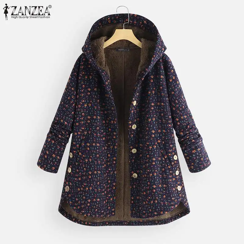 Best  ZANZEA Women Fleece Coats Winter Hoodies Long Sleeve Jackets Female Vintage Buttons Outwear Hooded 