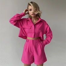 

Two Piece Set for Women Free Shipping Green Cotton Linen Suit Pink Long Sleeve Shorts Fashion Casual Streetwear Femme Shorts Set
