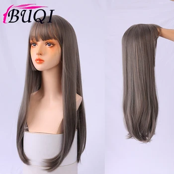 

BUQI Bangs Long Straight Hair Synthetic Wig Cosplay Black Female lady High Temperature Resistant Wig Gray Brown Wig