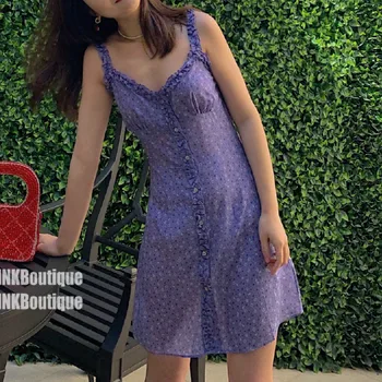 

Women Dress Spring and Summer New Purple Flower Strap Silk dress