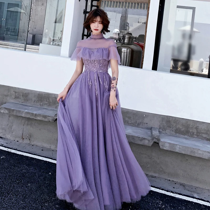 Фиолетовое Женское китайское платье с рукавами-фонариками, сексапильное, прозрачное, Сетчатое, Cheongsam, благородное, шикарное, с бусинами, Qipao