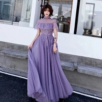 

Purple Lady Lantern Sleeve Chinese Dress Sexy Persepective Mesh Cheongsam Noble Bling Bead Qipao Vestido Long Evening Party Gown
