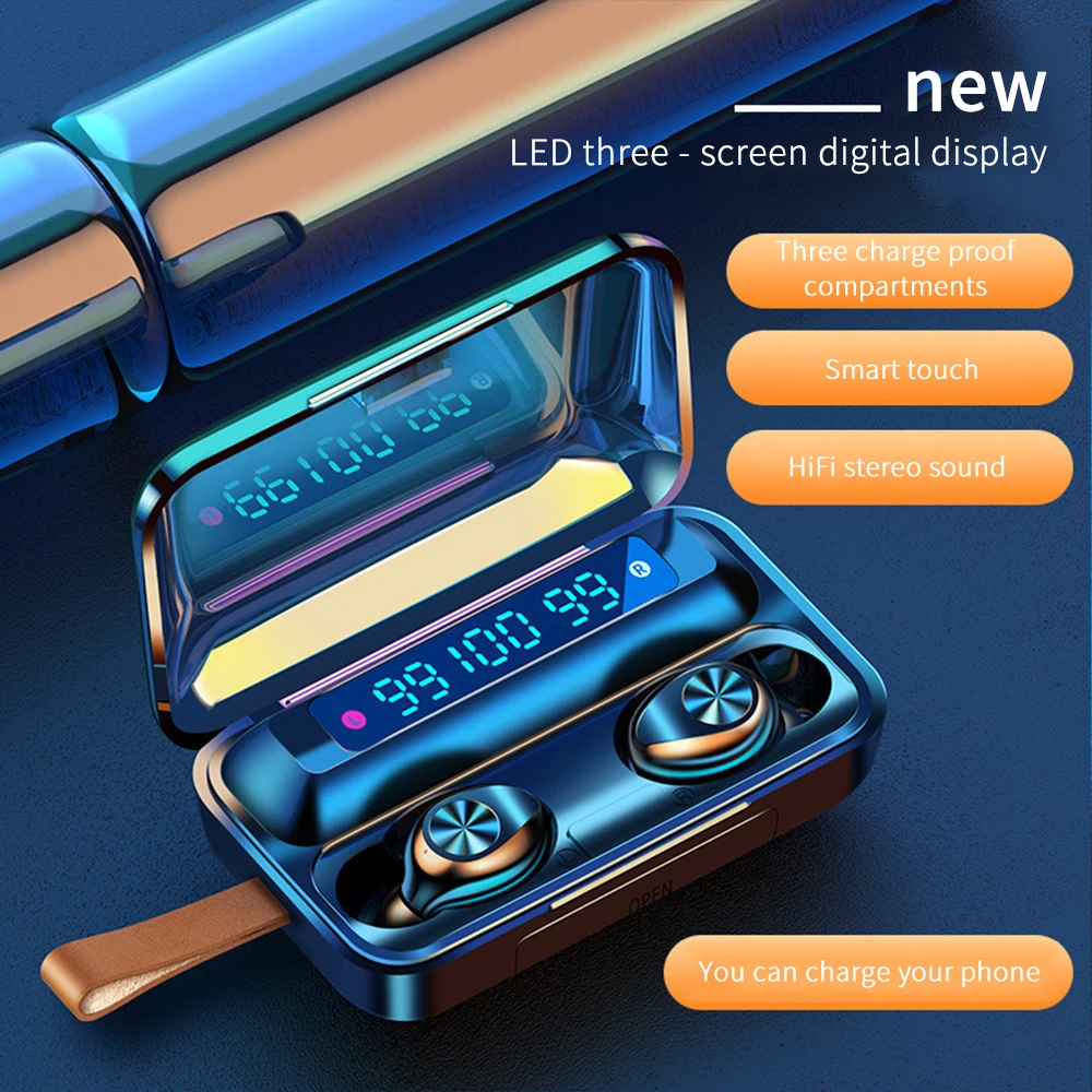 F9 TWS 5 0 Wireless Earphones Bluetooth F9 TWS Bluetooth headphone support Xiaomi iPhone with 2000mah power bank 9D Stereo