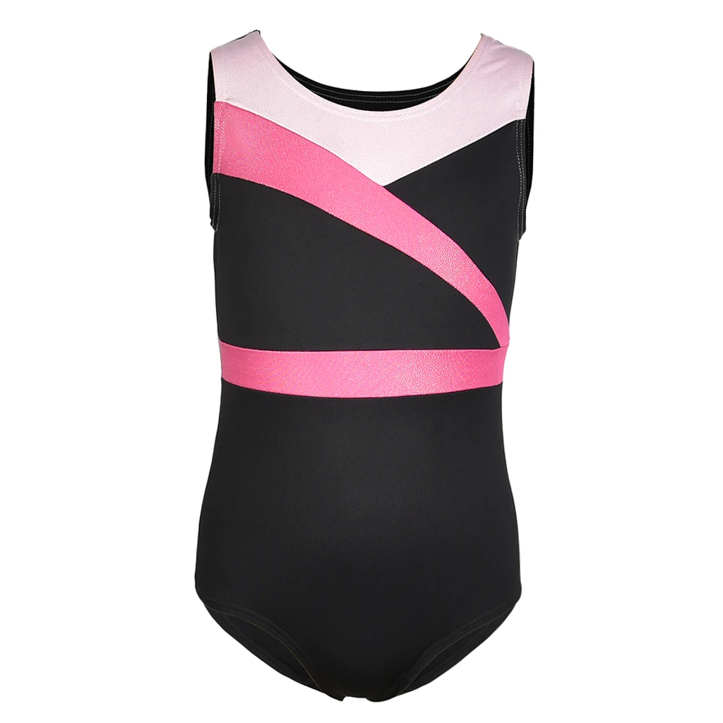 Kids Girls Shiny Gymnastics Ballet Dance Leotards Sleeveless Black Pink Spliced Design Stretch Sport Gym Costume
