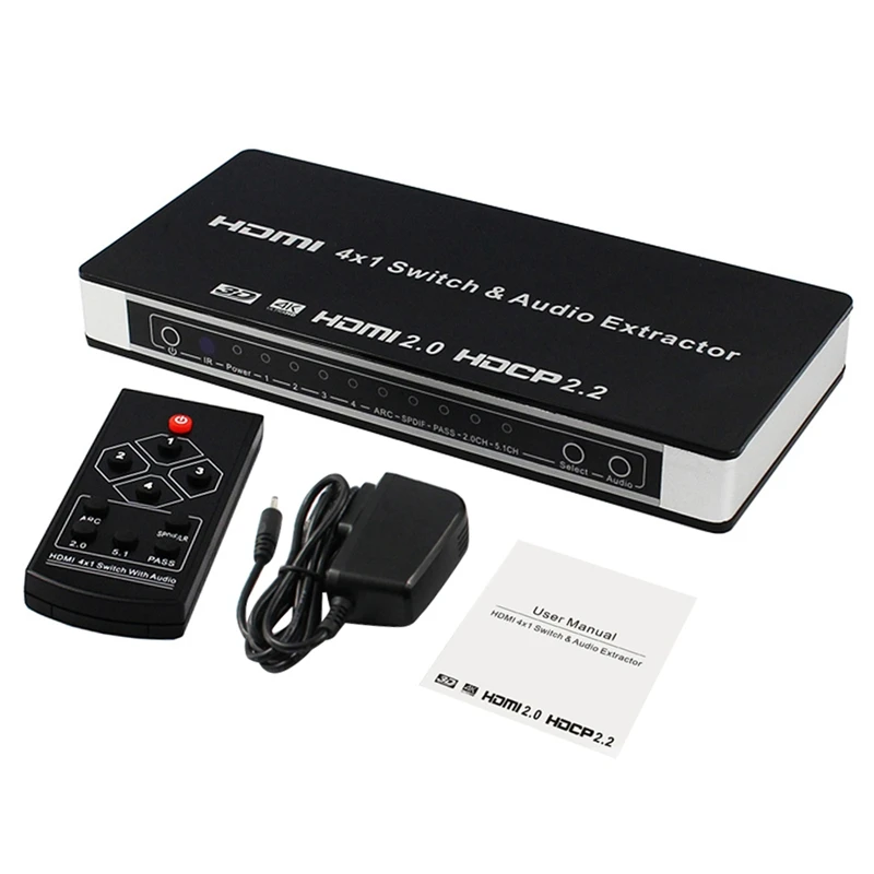  HDMI 2.0 Switch 4X1 HDMI Switcher Converter 4 in 1 Out Audio Extractor Toslink/SPDIF RCA 4Kx2K@60Hz