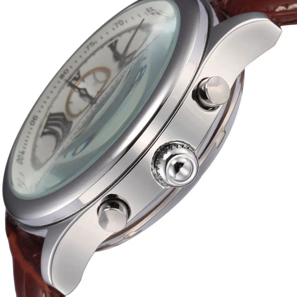 IMPERIAL KS Retro Skeleton 6 Hands Golden Case Luxury Brand Day Month Display Brown Leather Strap Men's Mechanical Watch / KS146