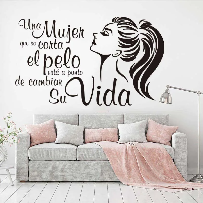 Spanish A woman Cut Hair Is  Change His Life Hairdress Beauty Salon Wall Sticker Woman Hair Nail Beauty Salon Wall Decal Vinyl (2)