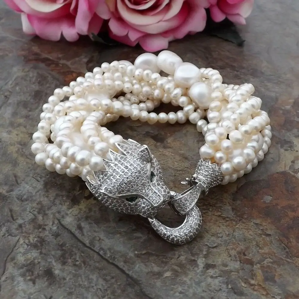 

K090412 8" 9 Strands white Pearl Bracelet Cz Pave Clasp
