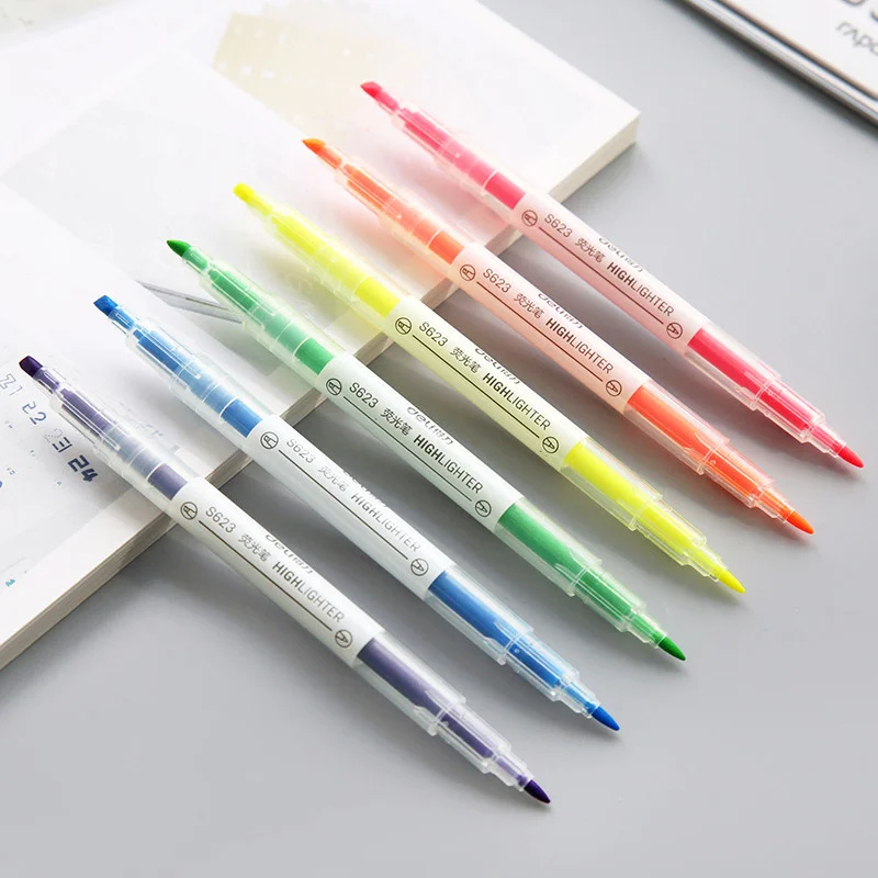 

6pcs Pastel Color Double-headed Highlighter Pen Fine liner Bold Marker Highlight Kids Gift Stationery Office School Supply H6895