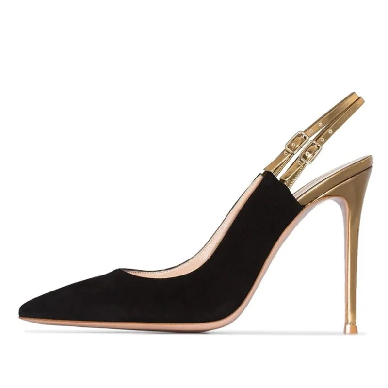 

Sexy Pointed Toe Singback Pumps Hollow Gold Buckle Strap Cut-out Black Suede Shallow Dress Shoes Popular Party Shoes Size 42
