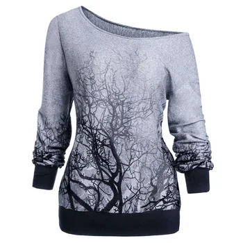 

ROSEGAL 3XL Spring Fall Knitting Gothic Hoodies Women Skew Neck Long Sleeve 3D Tree Print Halloween Sweatshirt Top Female Shirt