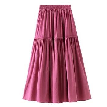 

Summer Women Midi Skirt Casual Preppy Style Pleated Skirt Elastic High Waist Solid A-Line Skirt Ladies Casual Female Bottoms