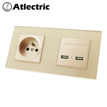 

Atlectric FR Standard Plug Power Socket Dual USB Charging Port Socket Charger Adapter Power Outlet Double Socket Glass Panel