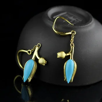 

S925 Sterling Silver Gold-Plated Turquoise Tulip Women's Ear Pendant