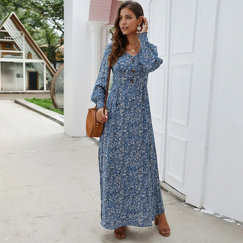 Nadafair פנס בציר שרוול חופשת Boho שמלת ארוך V צוואר אונליין גבוה מותן אלגנטי רטרו פרחוני מקסי שמלת נשים Vestidos