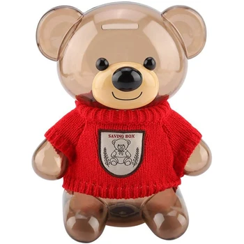 

Children Coin Piggy Bank Money Box Cartoon Clothes Bear Piggy Bank Plastic Transparent Money Box Home Decoration(Red)