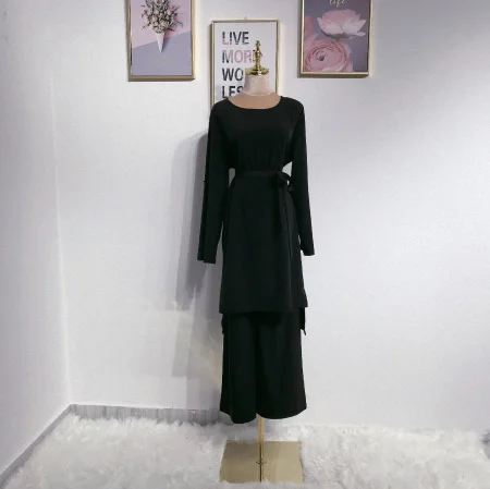 black Мусульманский Топ ансамбль Femme комплект из 2 предметов Pantalon ОАЭ абайя костюмы кимоно длинные катфан Ближний Восток Рамадан Арабский исламский одежда - Цвет: black
